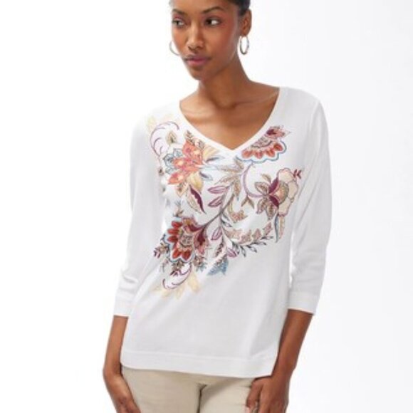 Chico's Floral Pima Everyday V-Neck Tee - Size M - Picture 1 of 10